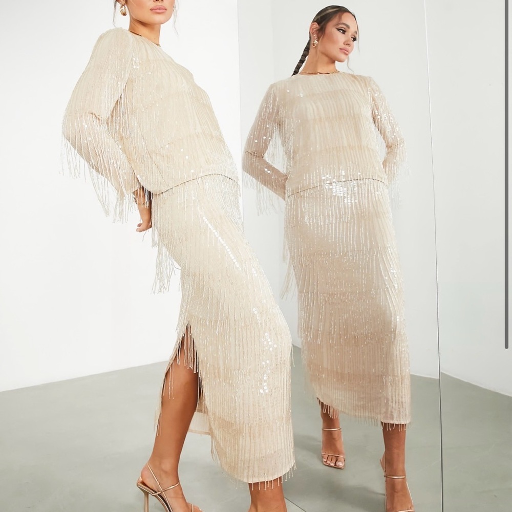 ASOS Beige Fringe Midi Dress